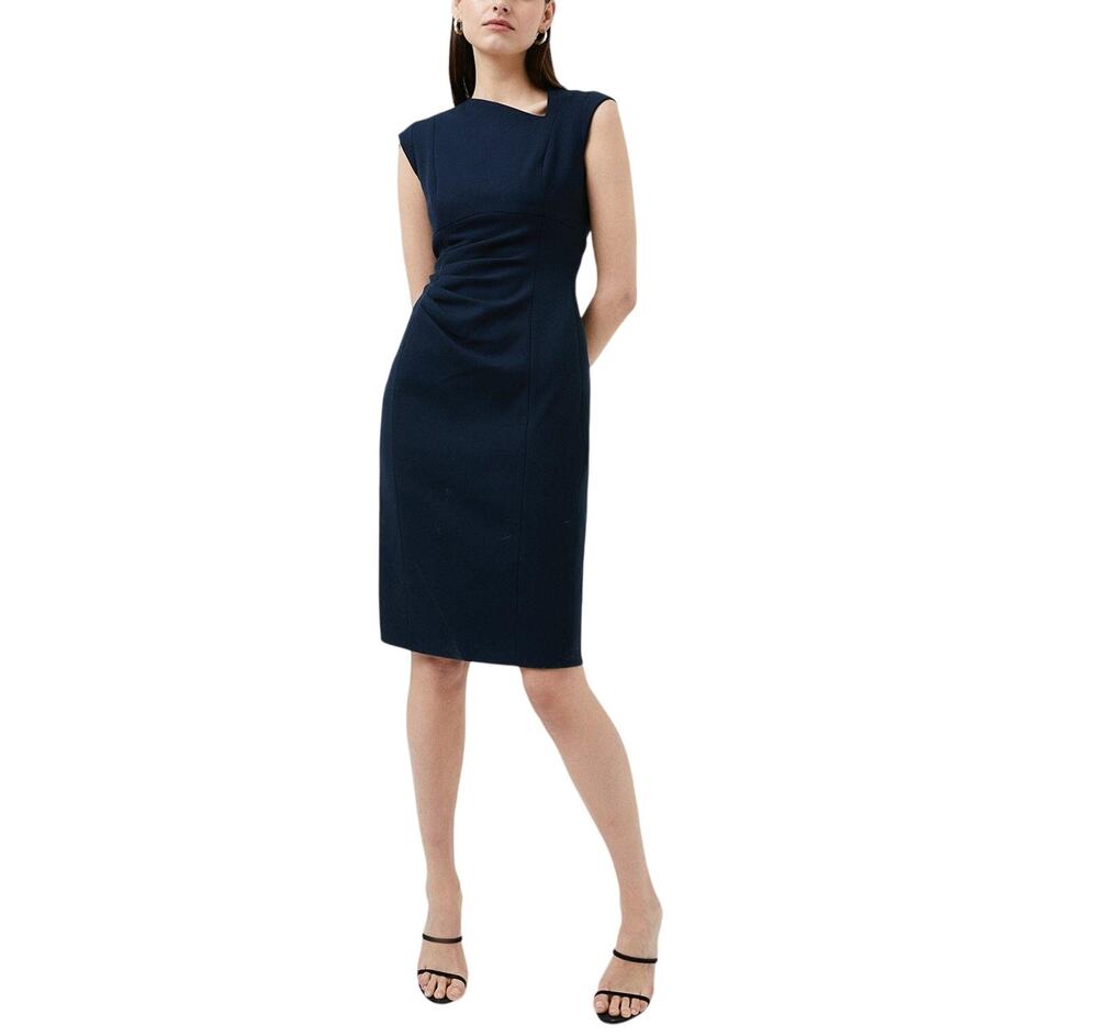 Karen Millen Structured Crepe Blue Asymmetric Tuck Detail Dress Size 10